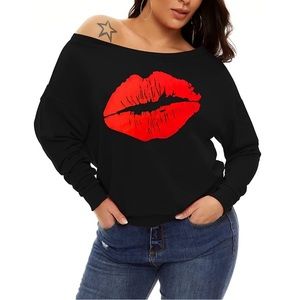 💋 Off The Shoulder Lips Slouchy Lightweight Sweatshirt